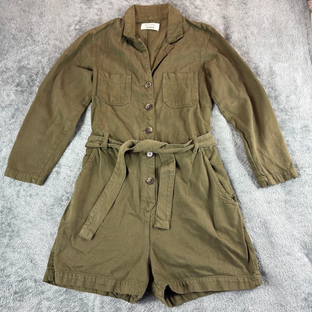 Reformation Jeans Olive Green Utility Romper Shorts Belted Button Front Size 6